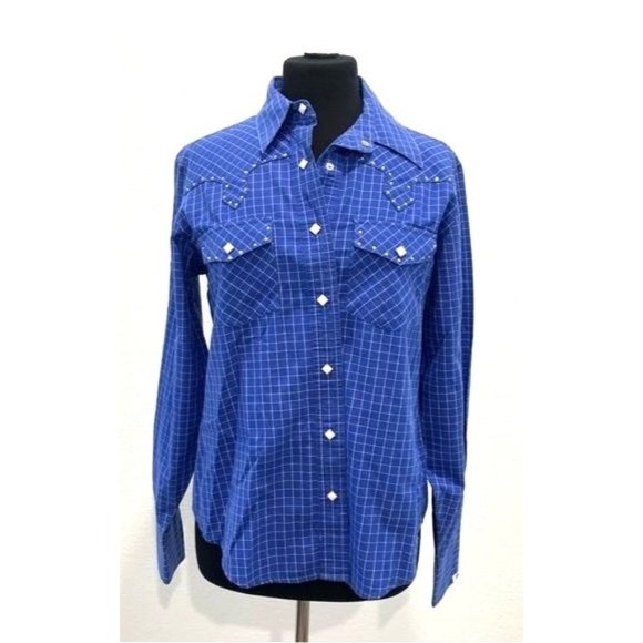 Cruel Girl Tops - Cruel Girl Long Sleeve Blue White Check Western Shirt M